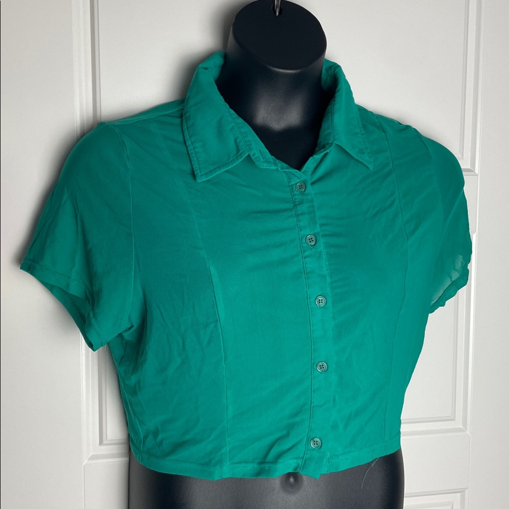 Fashion Nova Teal Green Button Up Sheer Blouse Size 1XL